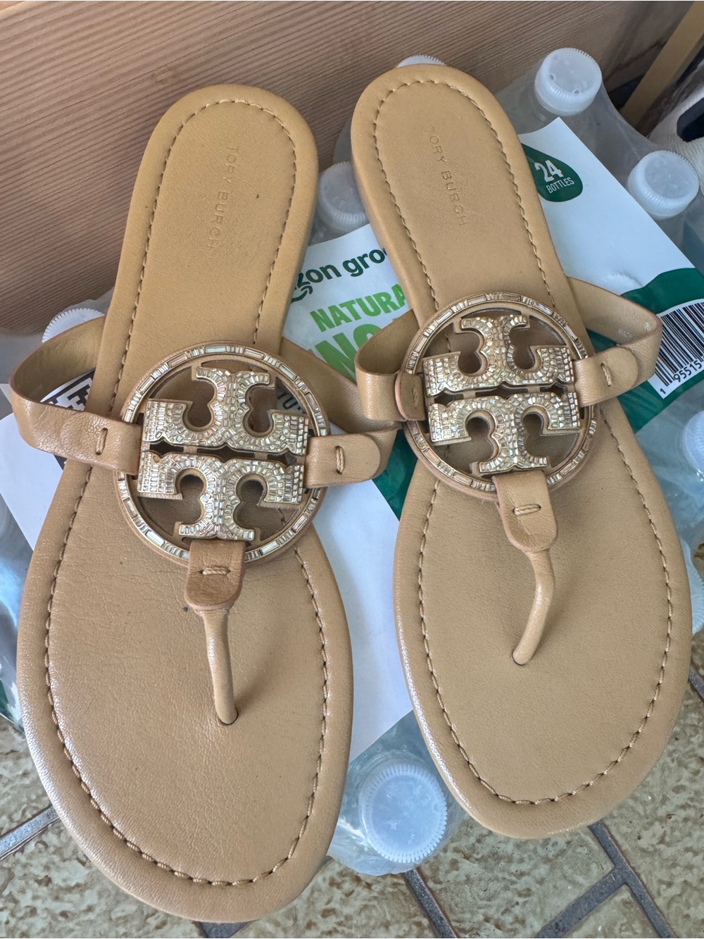 Tory Burch Women’s Miller Thong Sandals with Gold Crystal Emblem